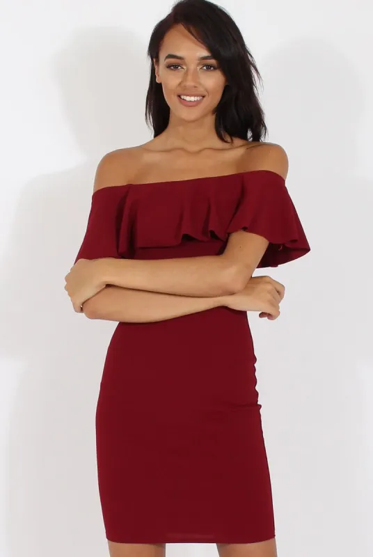 Wine Bardot Frill Midi Dress - Lily sold by Rebellious Fashion