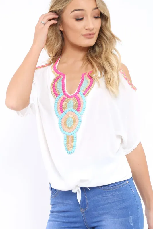 White Beaded Sheer Cold Shoulder Top - Brielle sold by Rebellious Fashion