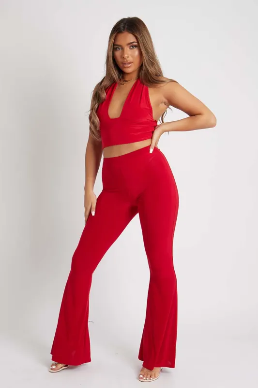 Red Flared Slinky Trousers - Teena sold by Rebellious Fashion