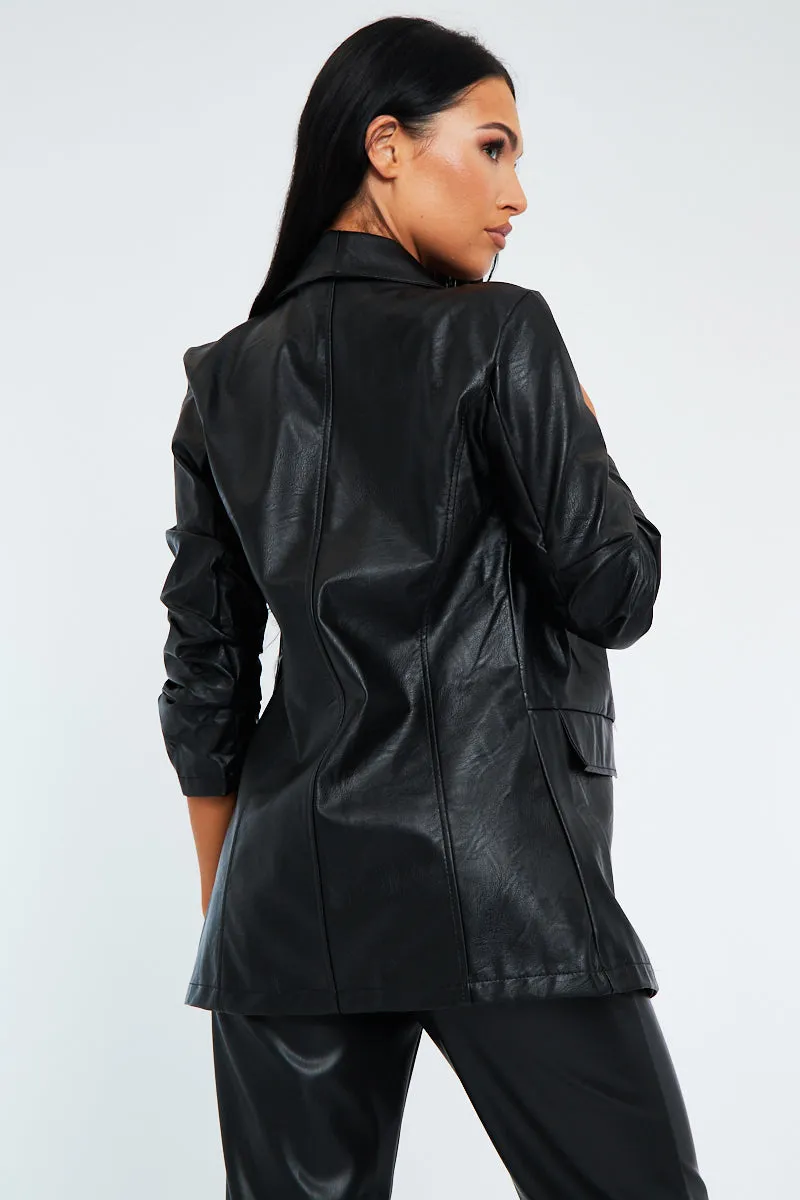 Black PU Leather Longline Ruched Sleeves Blazer - Miria sold by Rebellious Fashion product image thumbnail 3