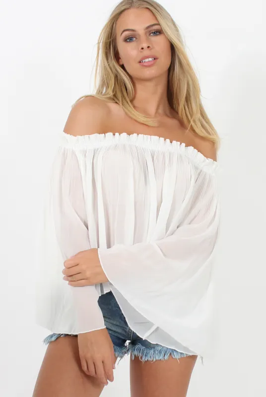 White Pleated Three Quarter Bell Sleeve Crop - Stacey sold by Rebellious Fashion