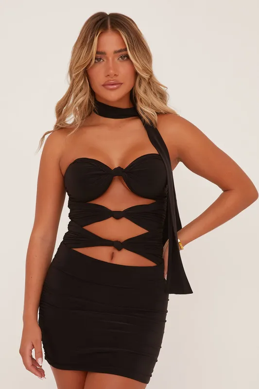 Black Cut Out Knot Detail Bodysuit & Mini Skirt Co-ord - Aubree sold by Rebellious Fashion