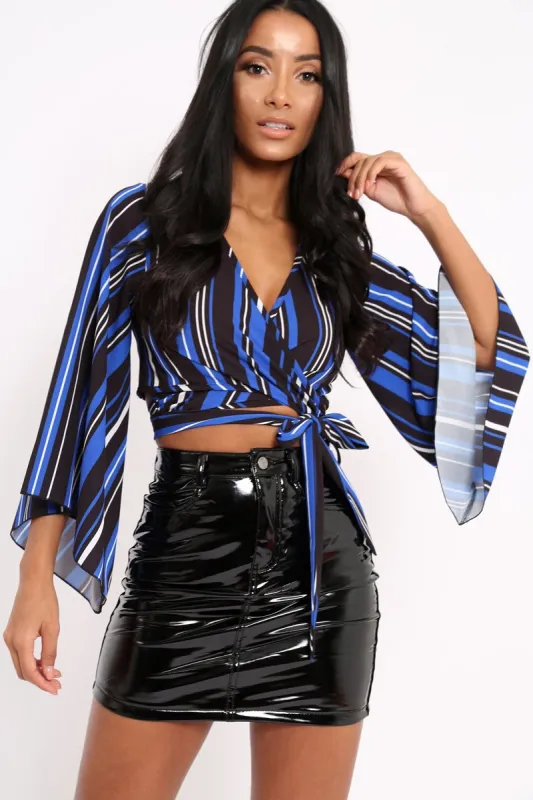 Royal Blue Black and White Striped Wrap Tie Crop Blouse - Shannon sold by Rebellious Fashion