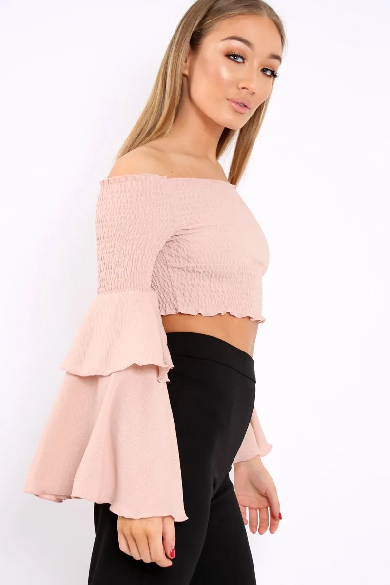 Rose Shirred Bardot Crop Top with Ruffle Sleeves - Dee sold by Rebellious Fashion product image thumbnail 3