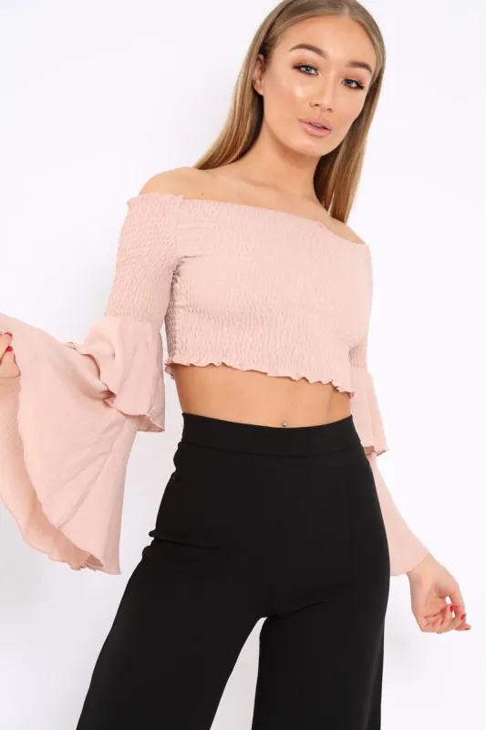 Rose Shirred Bardot Crop Top with Ruffle Sleeves - Dee sold by Rebellious Fashion