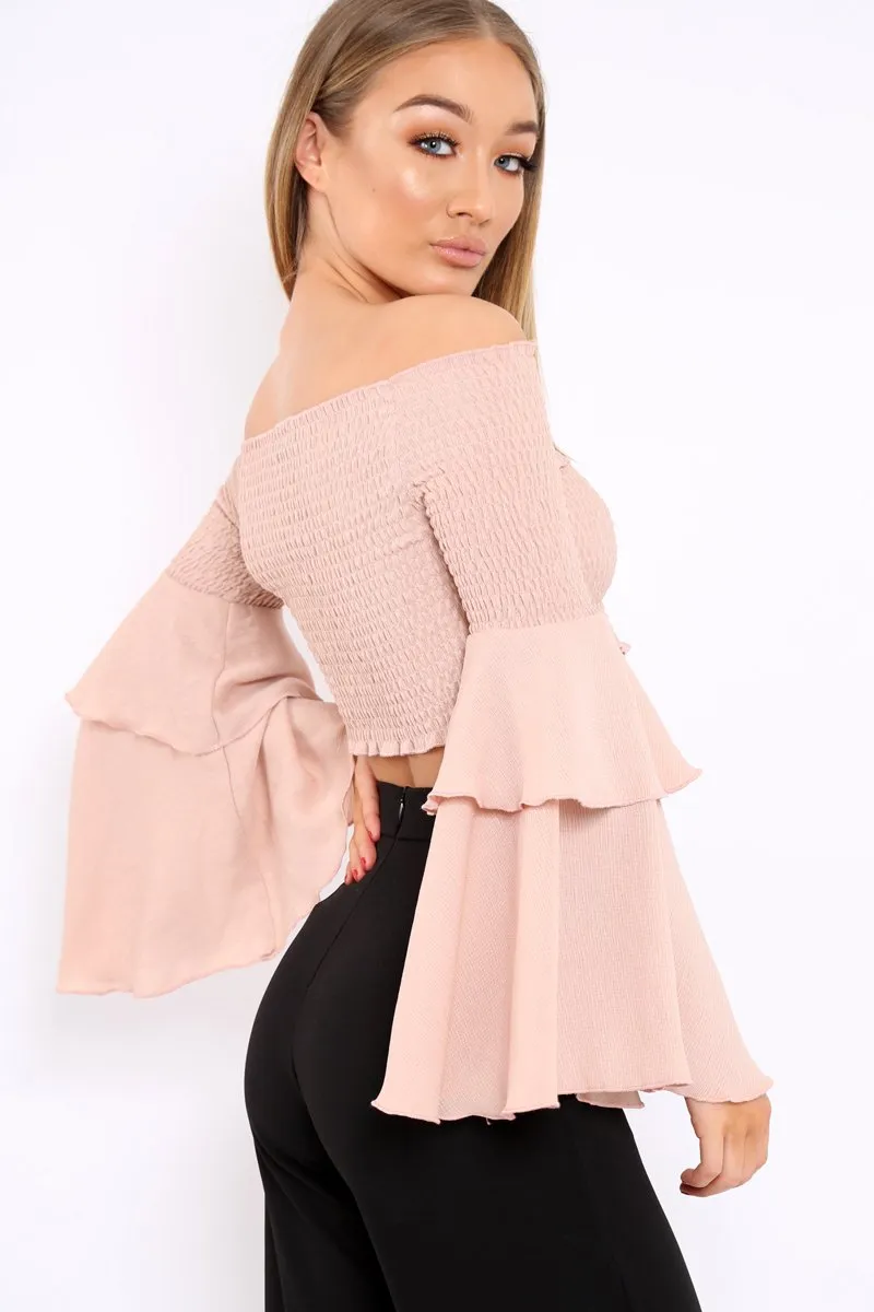 Rose Shirred Bardot Crop Top with Ruffle Sleeves - Dee sold by Rebellious Fashion product image thumbnail 4