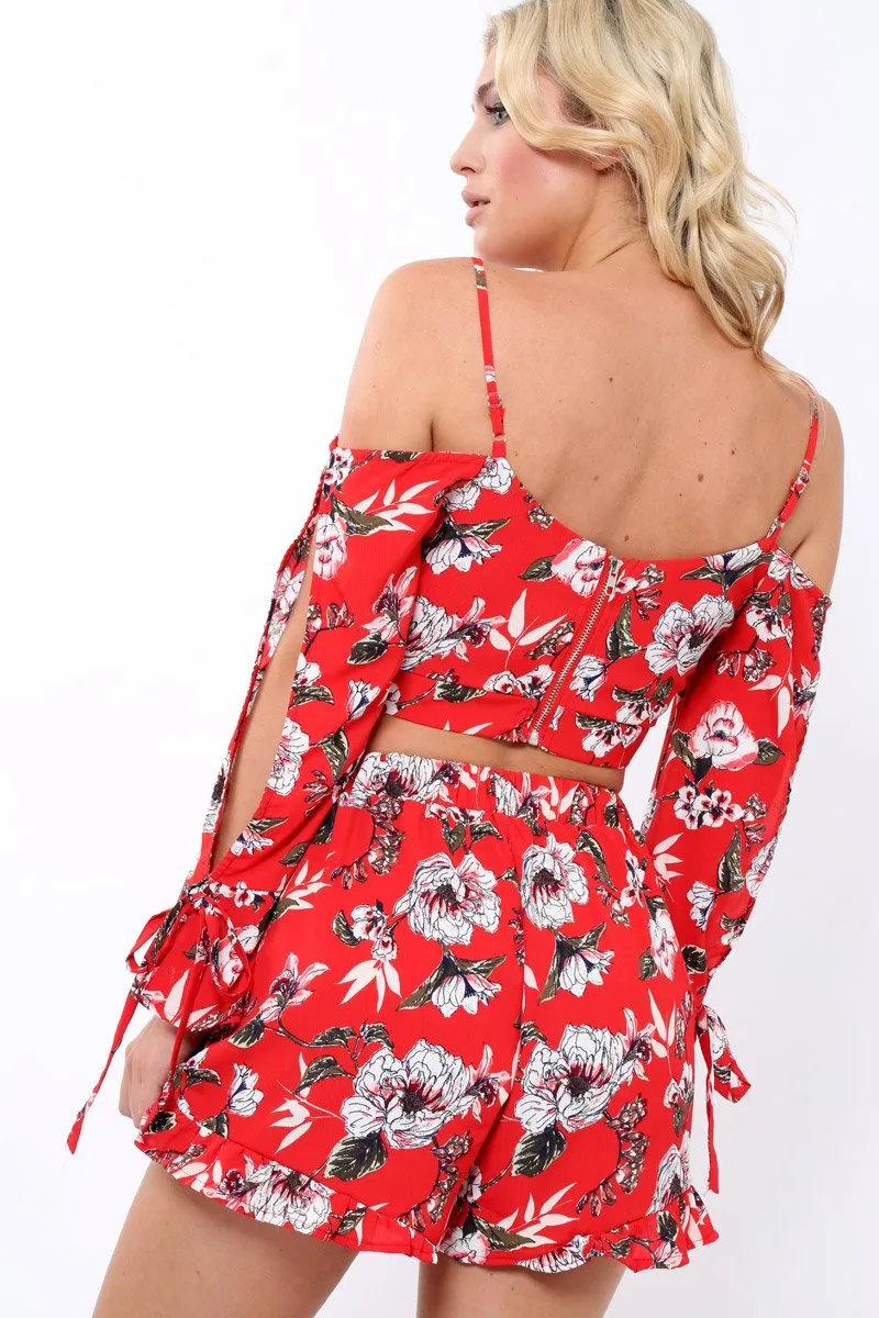 Red floral Cold Shoulder Co-ord set - Dahlia sold by Rebellious Fashion product image thumbnail 4