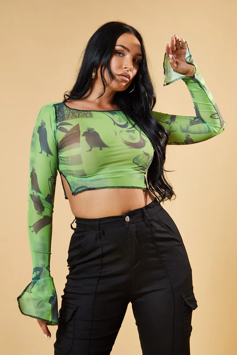 Green Abstract Print Mesh Cropped Top - Cucu sold by Rebellious Fashion