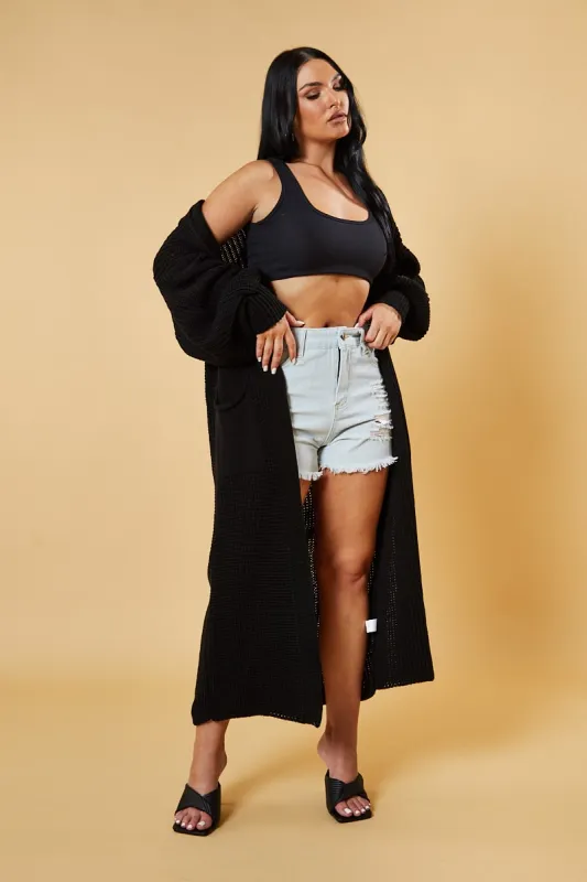 Black Longline Knit  Maxi Cardigan - Ema sold by Rebellious Fashion