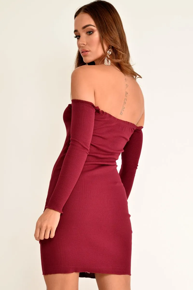Wine Rib Bardot Button Down Mini Dress - Janora sold by Rebellious Fashion product image thumbnail 3