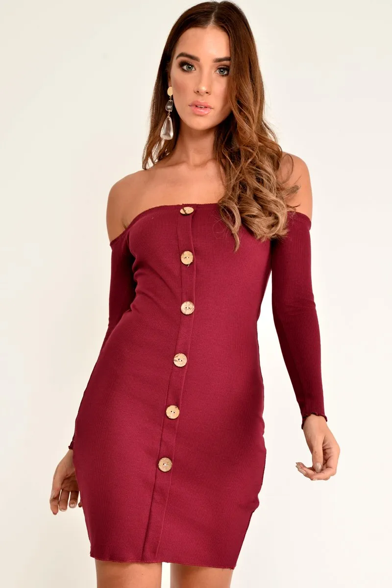 Wine Rib Bardot Button Down Mini Dress - Janora sold by Rebellious Fashion