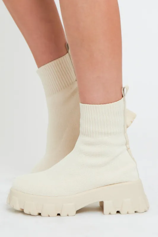 Cream Ankle High Chunky Sole Sock Boots - Bana sold by Rebellious Fashion