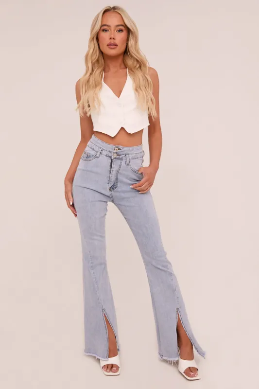 Light Blue Front Slit Flared Leg Jeans - Macie sold by Rebellious Fashion
