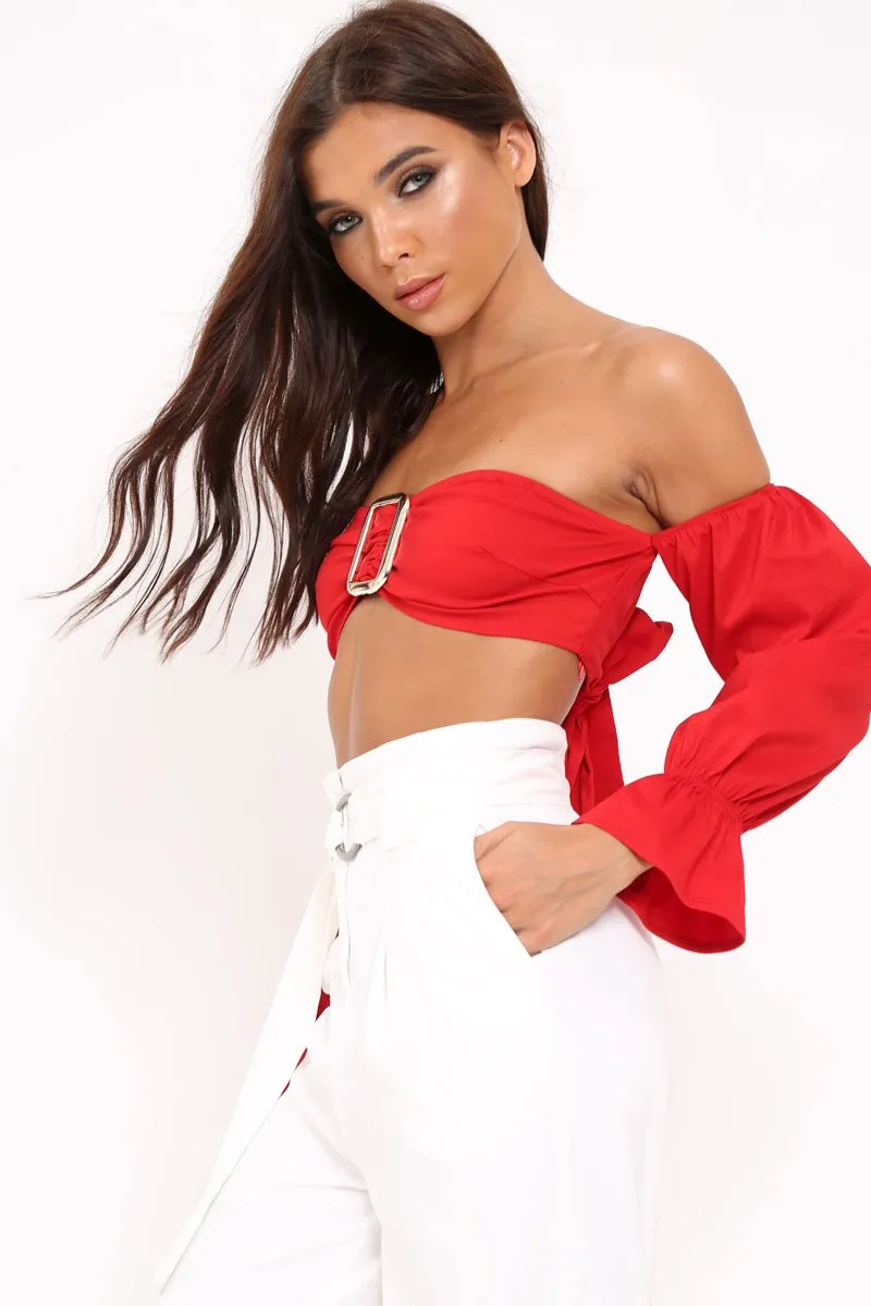 Red Buckle Front Extreme Bardot Crop Top - Theora sold by Rebellious Fashion product image thumbnail 3