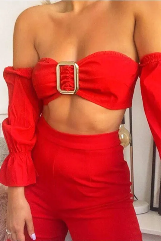 Red Buckle Front Extreme Bardot Crop Top - Theora sold by Rebellious Fashion
