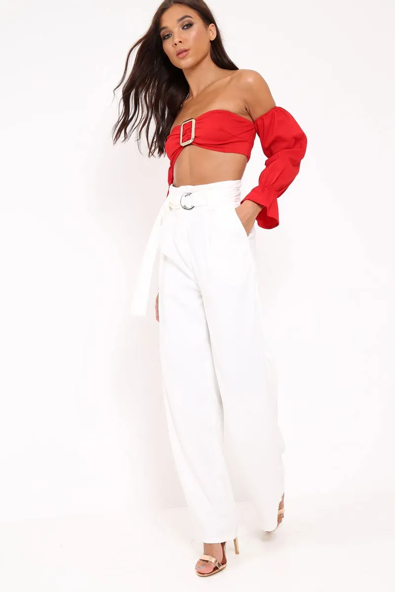 Red Buckle Front Extreme Bardot Crop Top - Theora sold by Rebellious Fashion product image thumbnail 5