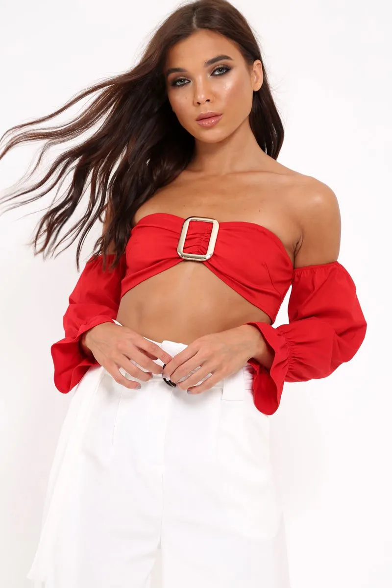 Red Buckle Front Extreme Bardot Crop Top - Theora sold by Rebellious Fashion product image thumbnail 2