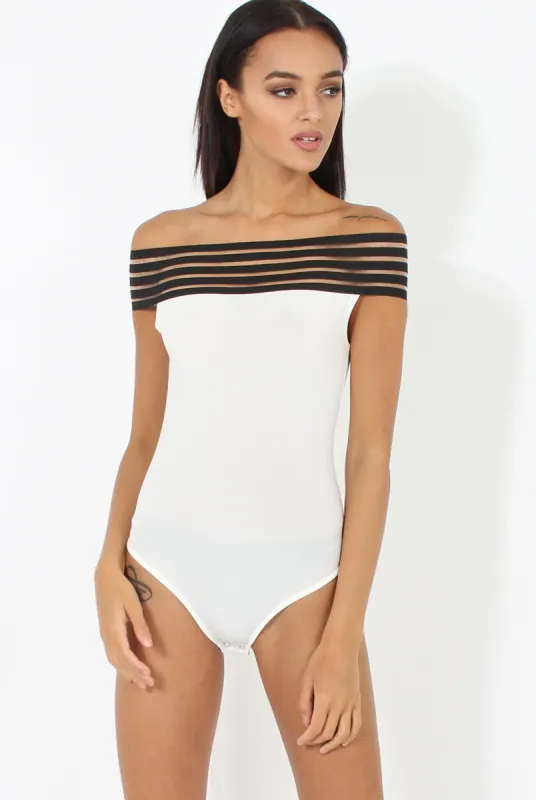 White & Black Elasticated Bardot BodySuit - Jill sold by Rebellious Fashion