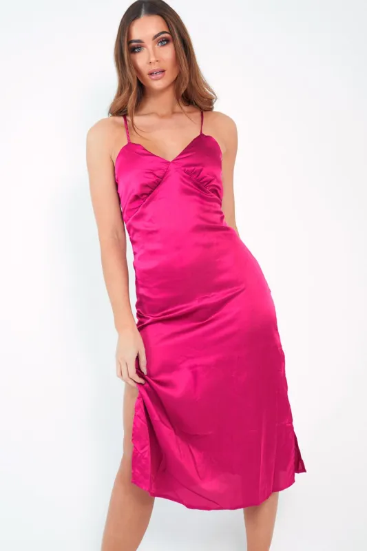 Pink Satin Cami Strap Satin Midi Dress - Sadia sold by Rebellious Fashion