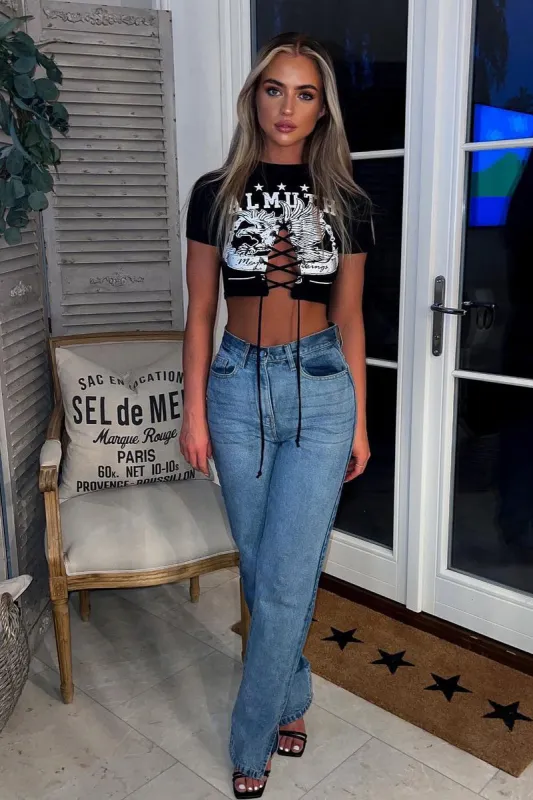 Black Lace Up Front Logo Crop T-Shirt - Reagan sold by Rebellious Fashion