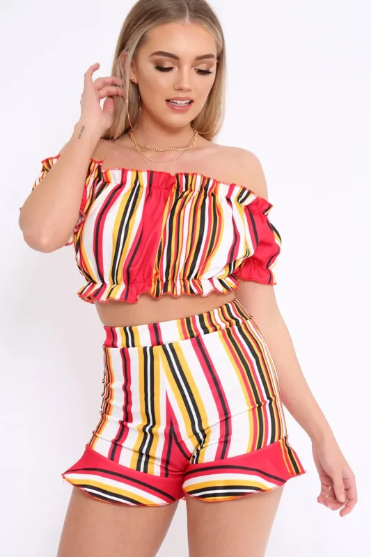 Red And Mustard Stripe Ruffle Bardot Bralet And Shorts Co-ord - Zia made by Rebellious Fashion