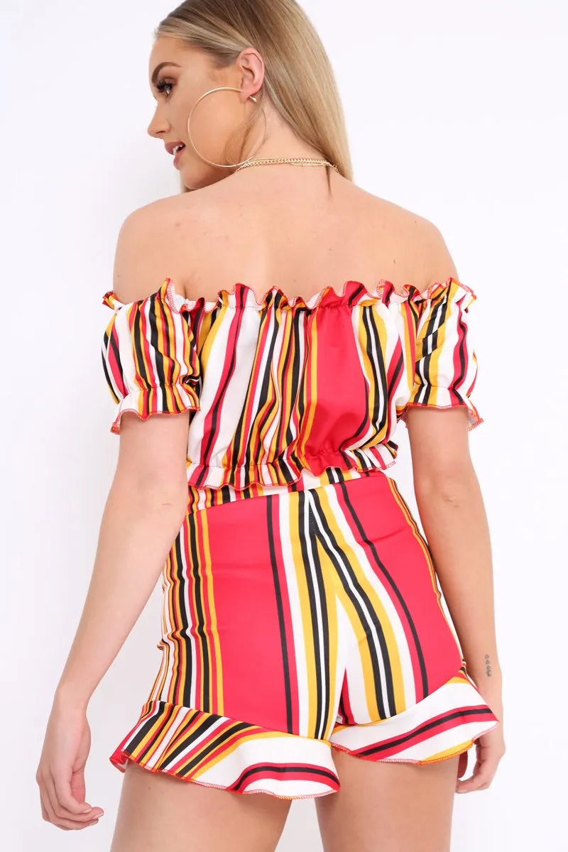 Red And Mustard Stripe Ruffle Bardot Bralet And Shorts Co-ord - Zia sold by Rebellious Fashion product image thumbnail 4