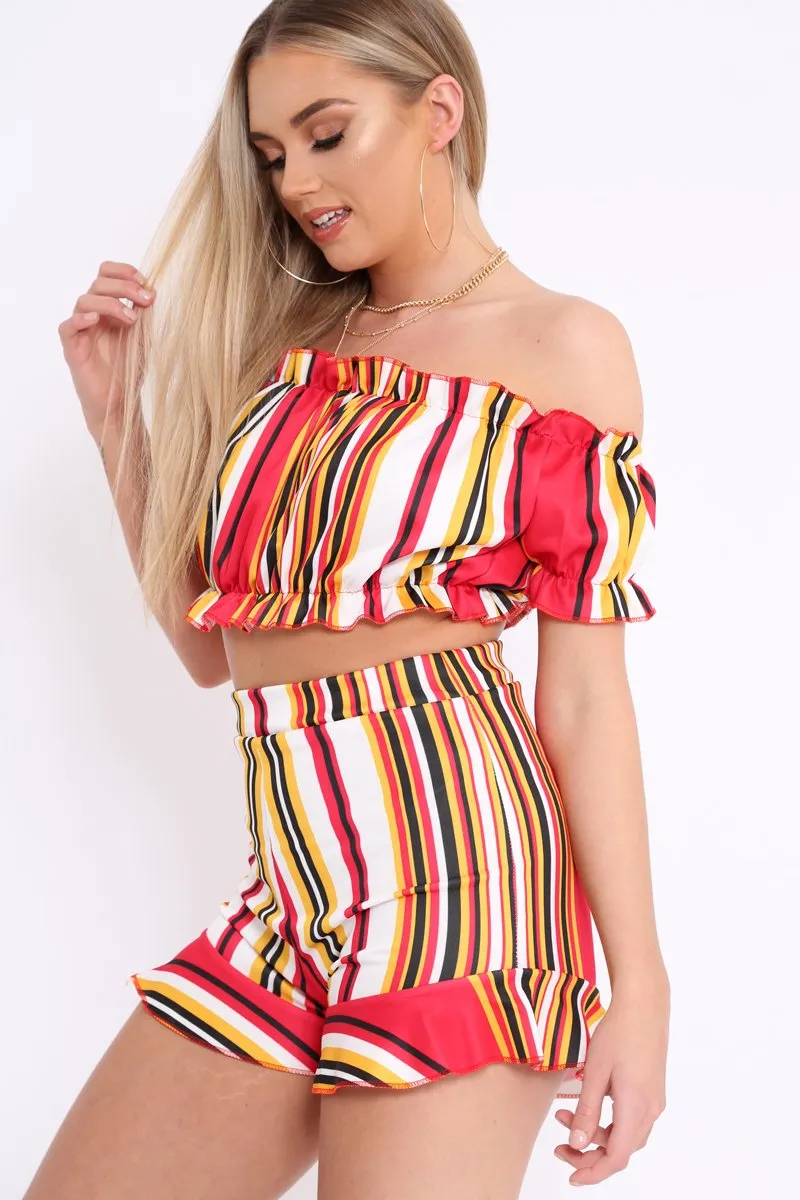 Red And Mustard Stripe Ruffle Bardot Bralet And Shorts Co-ord - Zia sold by Rebellious Fashion product image thumbnail 3