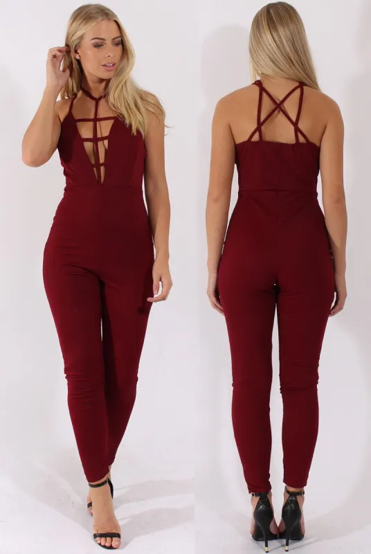 Wine Front Harness Fitted Jumpsuit - Bette made by Rebellious Fashion