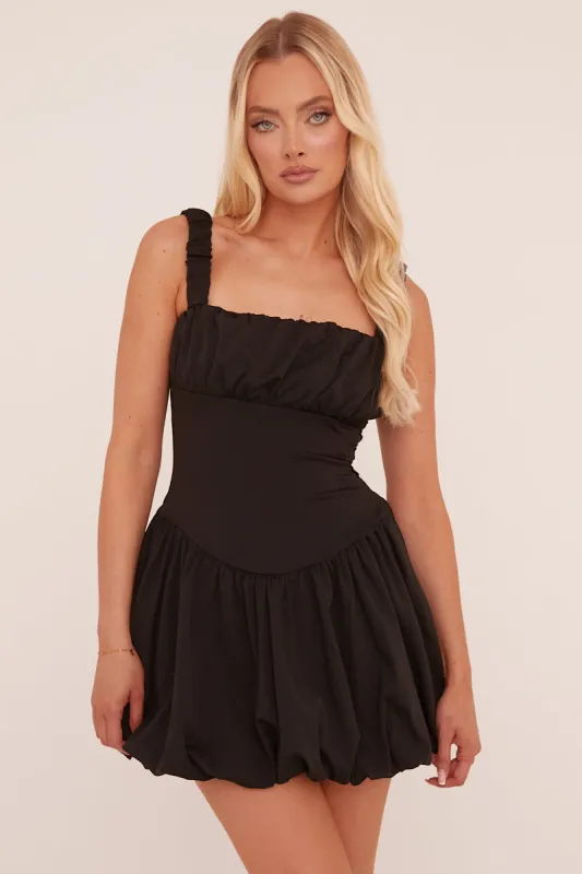 Black Ruching Detail Puffball Mini Dress - Katie sold by Rebellious Fashion