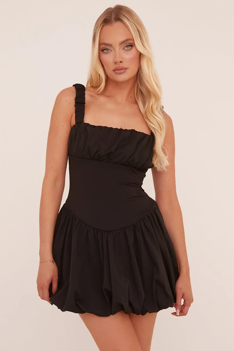 Black Ruching Detail Puffball Mini Dress - Katie sold by Rebellious Fashion