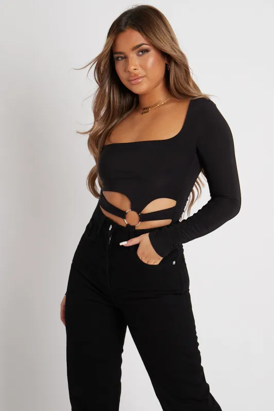 Black Ring Detail Front Cut Out Bodysuit - Ryelee sold by Rebellious Fashion