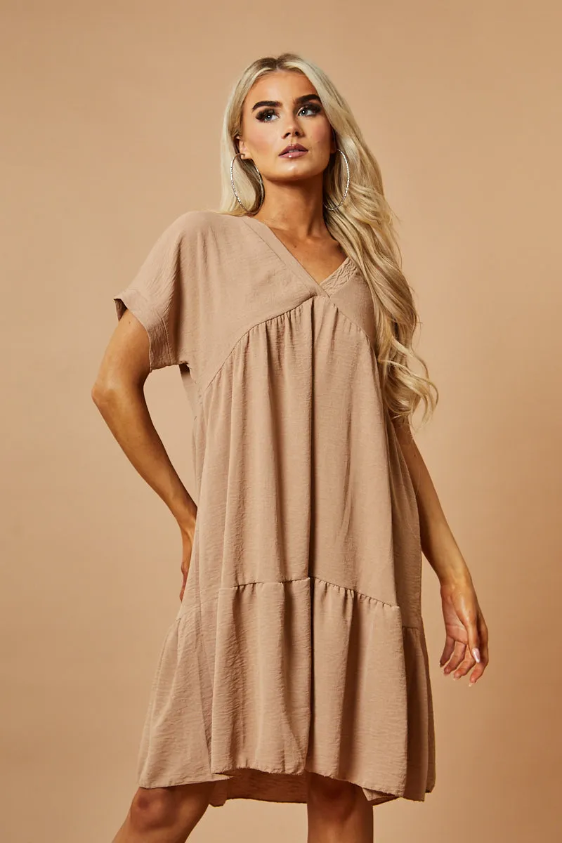 Beige V-Neck Tiered Frill Mini Dress - Kate sold by Rebellious Fashion