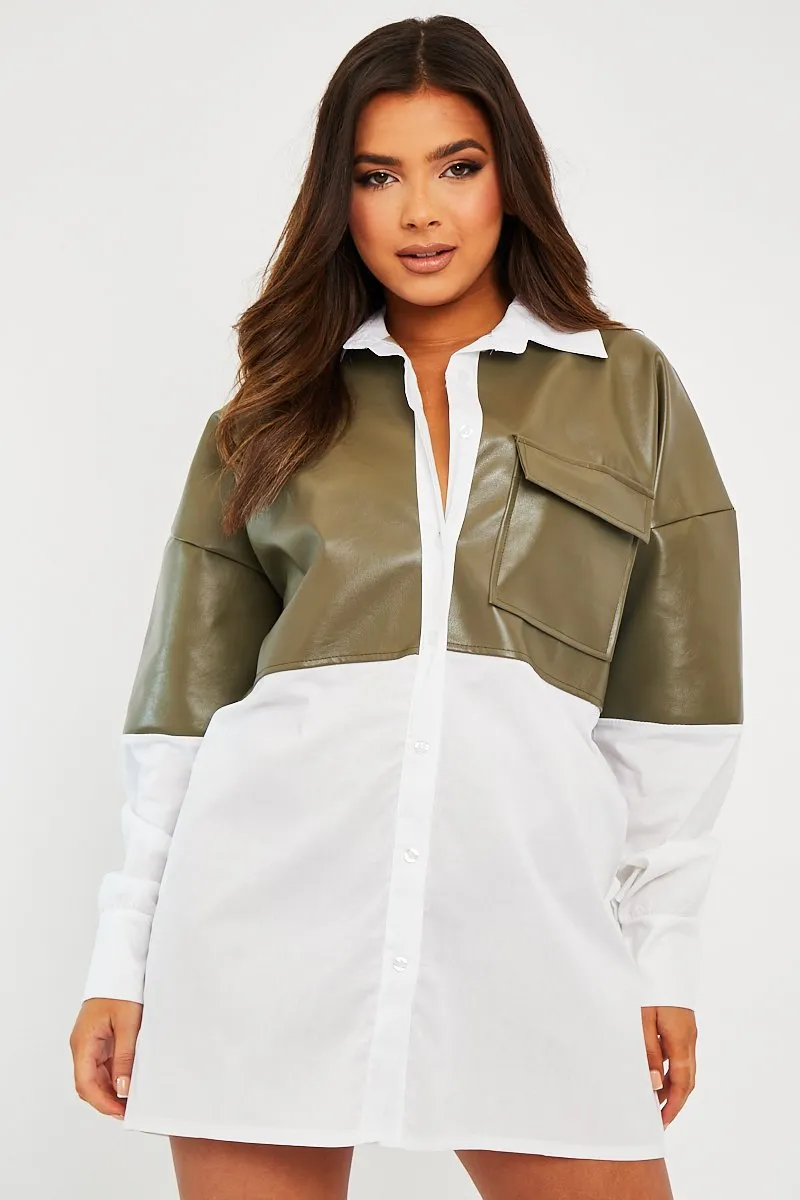 Khaki Faux Leather Panel Shirt Dress - Arriya sold by Rebellious Fashion product image thumbnail 3