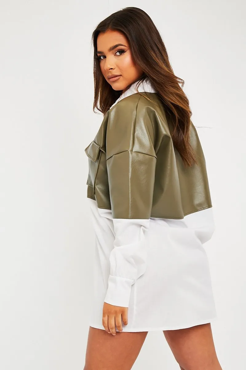 Khaki Faux Leather Panel Shirt Dress - Arriya sold by Rebellious Fashion product image thumbnail 5