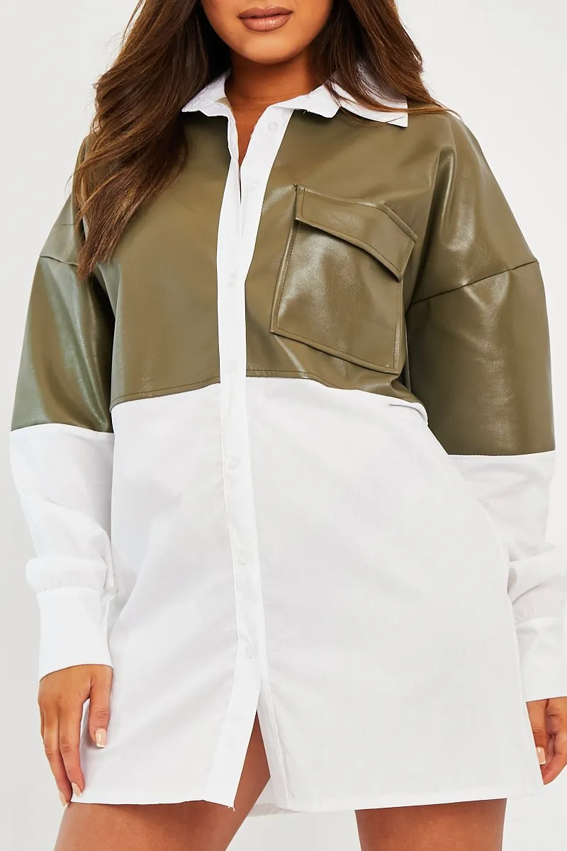 Khaki Faux Leather Panel Shirt Dress - Arriya sold by Rebellious Fashion product image thumbnail 4