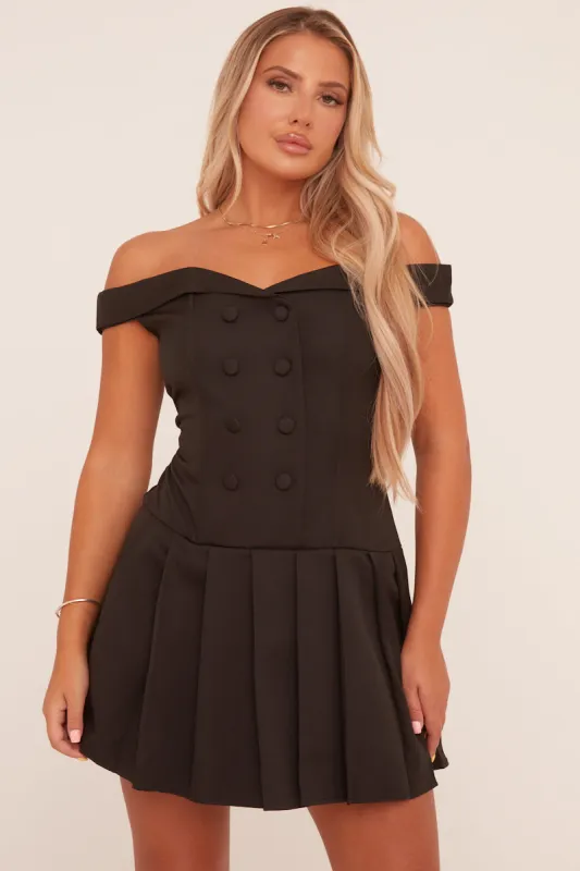 Black Bardot Pleated Tailored Blazer Dress - Elmina sold by Rebellious Fashion