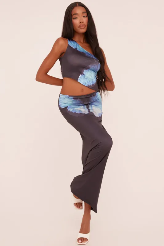 Black Floral Print One Shoulder Top & Maxi Skirt Co-ord Set - Saylem sold by Rebellious Fashion