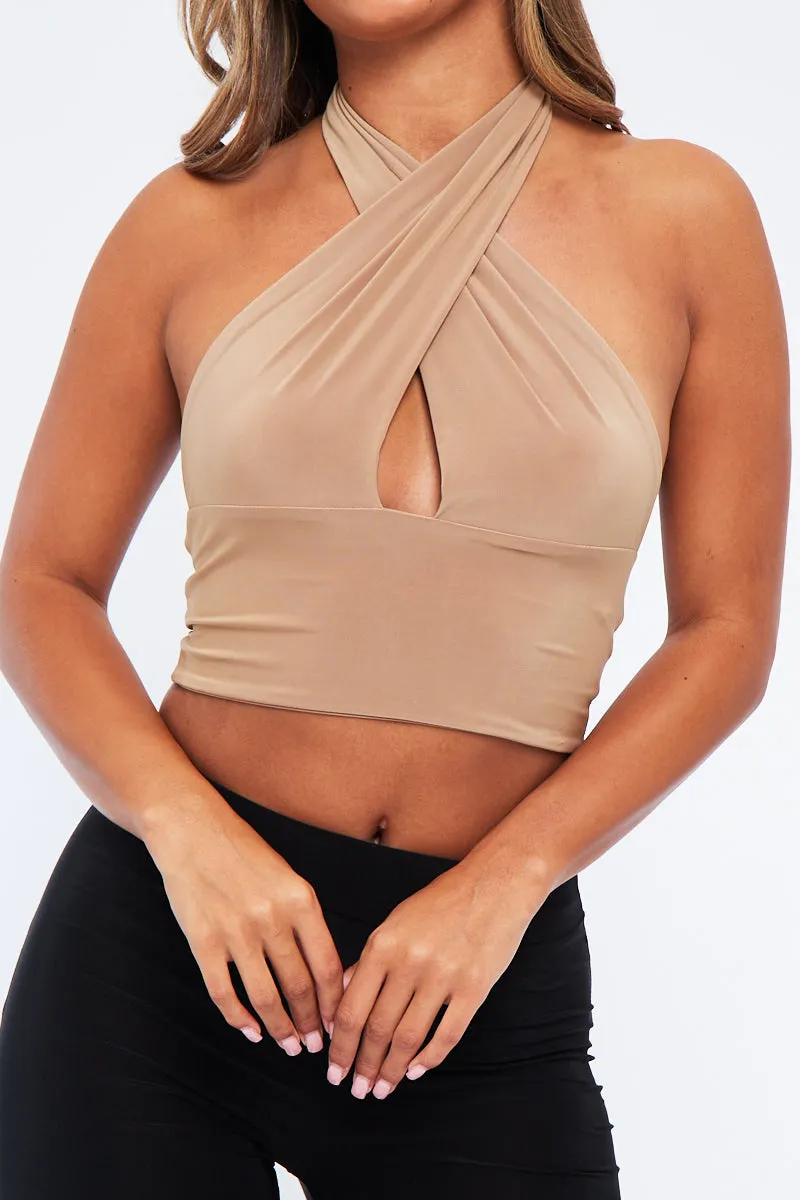Beige Halter Neck Slinky Crop Top - Jessabel sold by Rebellious Fashion product image thumbnail 2