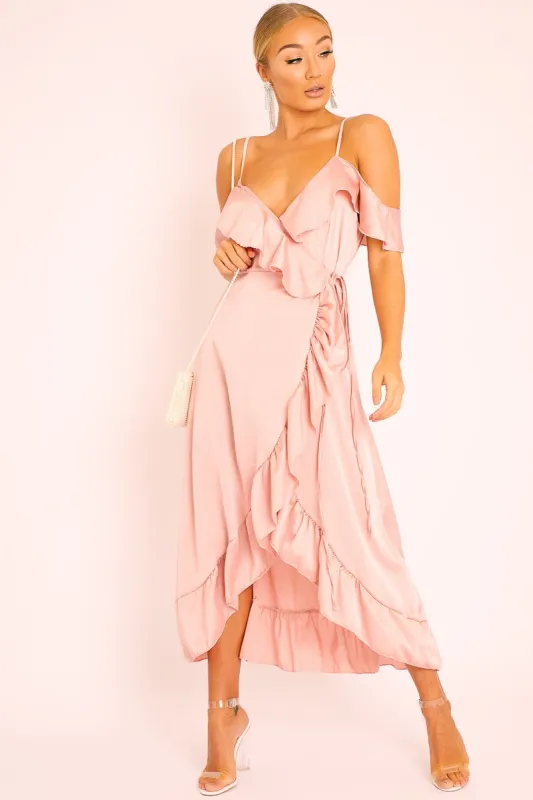 Pink Satin Ruffle Wrap Midi Dress - Eiza sold by Rebellious Fashion