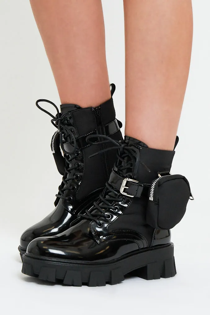 Black Chunky Sole Pouch Detail Ankle Boots - Bell sold by Rebellious Fashion