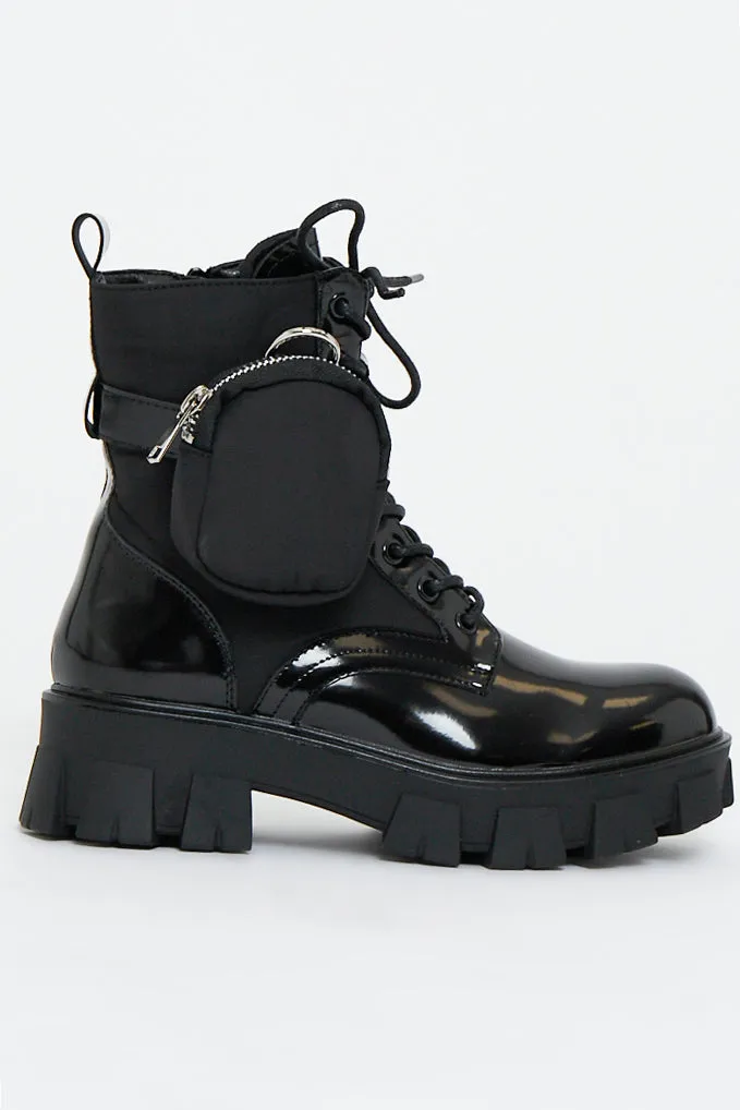 Black Chunky Sole Pouch Detail Ankle Boots - Bell sold by Rebellious Fashion product image thumbnail 2