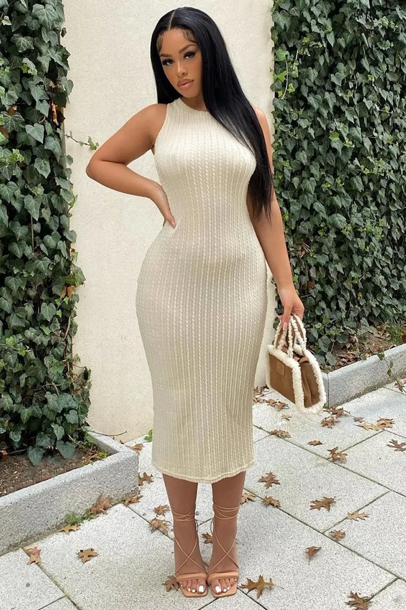 Cream Light Knit Midi Dress - Leeza sold by Rebellious Fashion