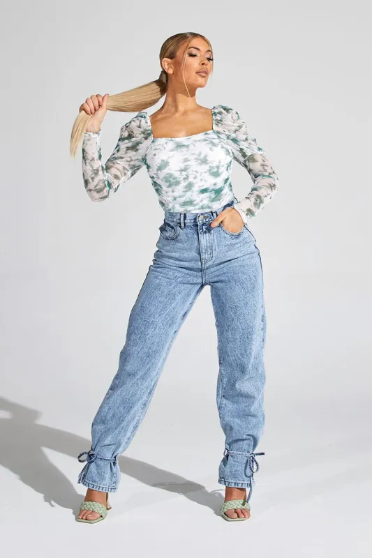 White Green Marble Puff Sleeve Bodysuit - Deana made by Rebellious Fashion