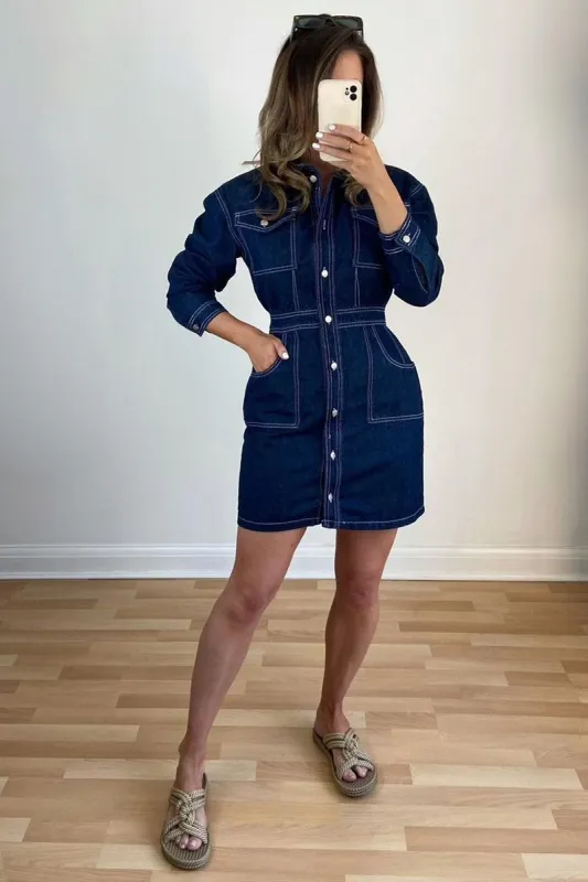Dark Blue Long Sleeve Denim Mini Dress - Connie sold by Rebellious Fashion