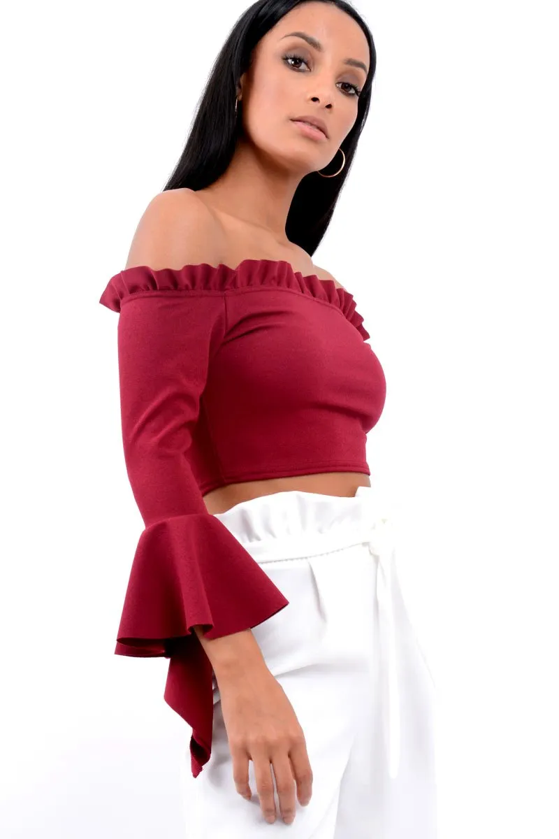Wine Bardot Frill Crop Top with Flared Sleeves - Tiffy sold by Rebellious Fashion product image thumbnail 3
