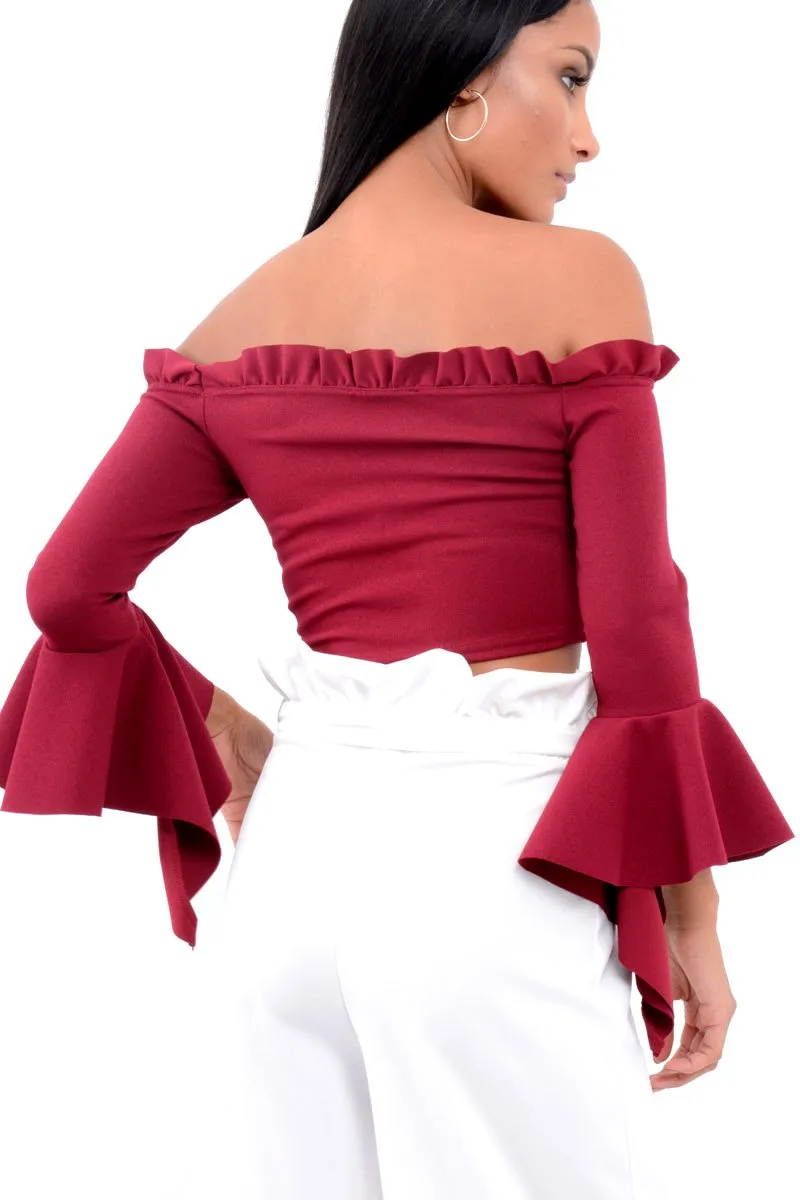 Wine Bardot Frill Crop Top with Flared Sleeves - Tiffy sold by Rebellious Fashion product image thumbnail 4