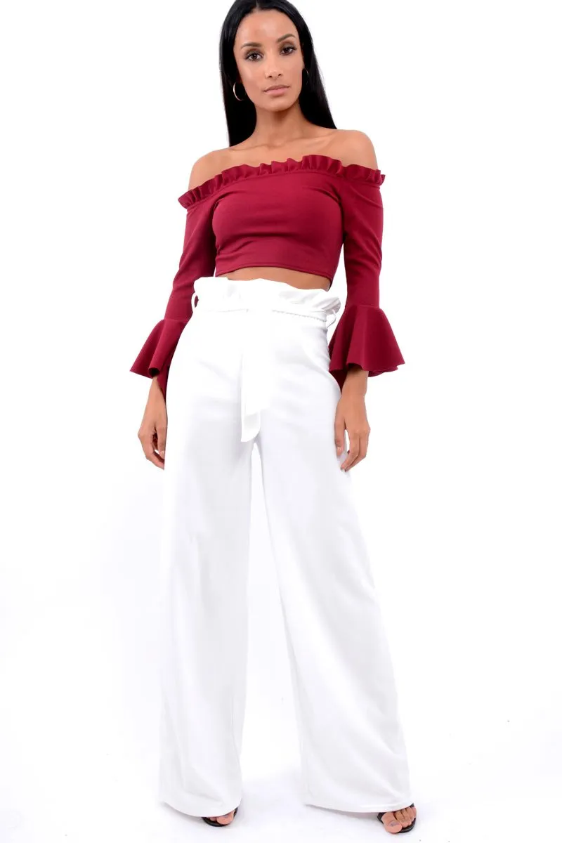Wine Bardot Frill Crop Top with Flared Sleeves - Tiffy sold by Rebellious Fashion product image thumbnail 2