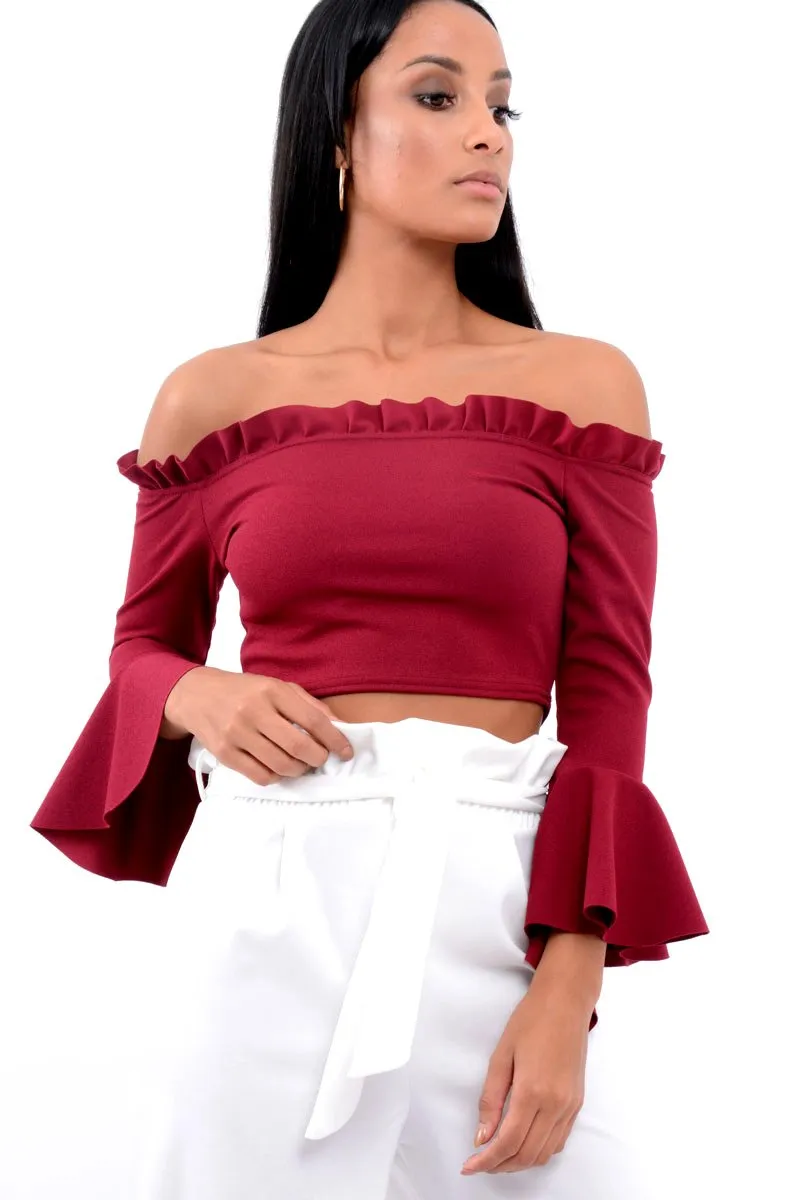 Wine Bardot Frill Crop Top with Flared Sleeves - Tiffy sold by Rebellious Fashion