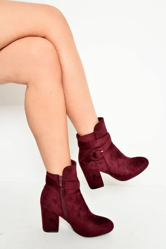 Wine Faux Suede Buckle Detail Ankle Boots - Jaielle sold by Rebellious Fashion