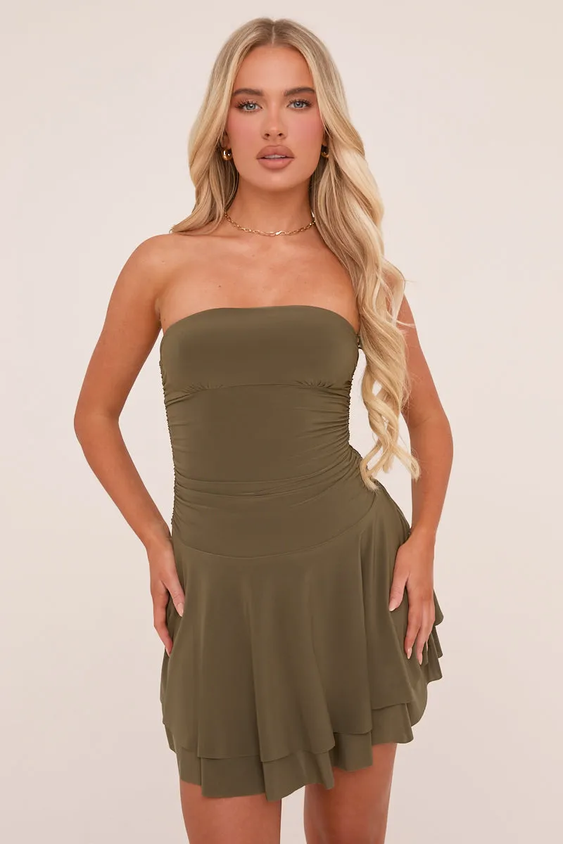Khaki Bandeau Ruched Skater Mini Dress - Sifan sold by Rebellious Fashion product image thumbnail 3